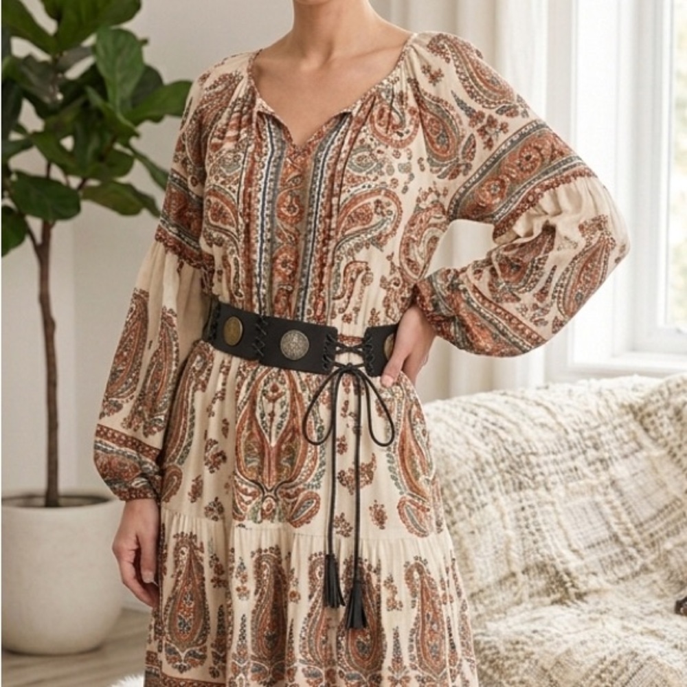 Black‎ Leather Coin-Accent Bohemian Belt Unbranded